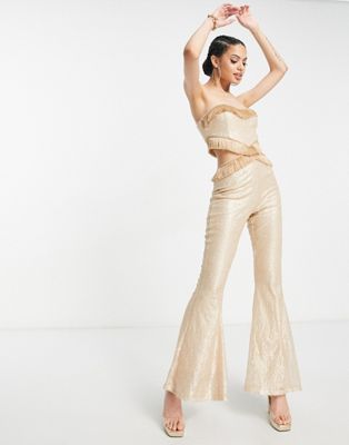 Collective The Label Exclusive cut-out fringe sequin jumpsuit in champagne Collective The Label