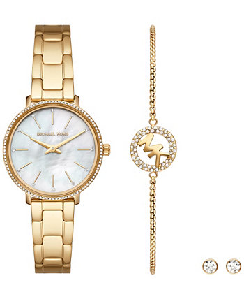 Женские часы Pyper с золотым браслетом из нержавеющей стали с двумя стрелками, 32 мм, набор с серьгами, 3 предмета Michael Kors
