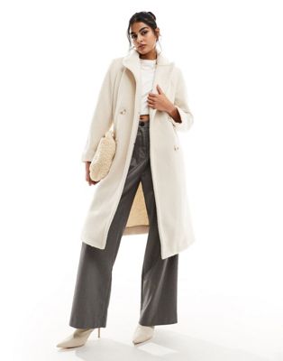 New Look double breasted textured longline coat in cream New Look