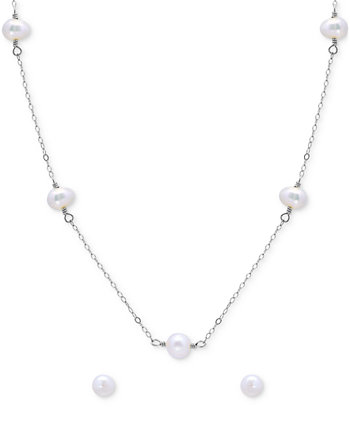 Two-Pc. Set White Cultured Freshwater Pearl (6mm) Collar Necklace & Stud Earrings in 18k gold-plated sterling silver (Also in Dyed Black & Dyed Pink Cultured Freshwater Pearl) Macy's