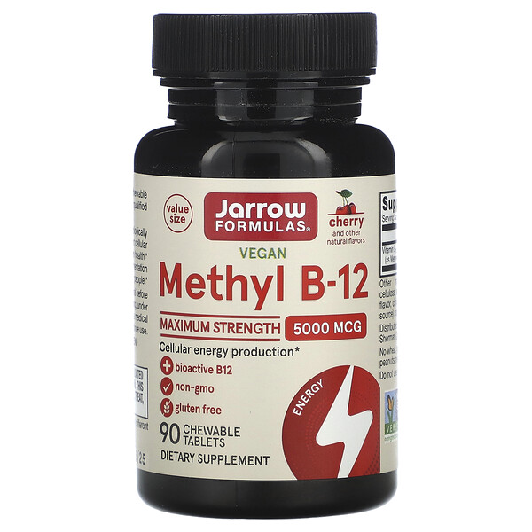 Vegan Methyl B-12, Maximum Strength, Cherry, 5,000 mcg, 90 Chewable Tablets (Жевательные таблетки) Jarrow Formulas