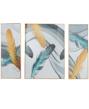 Настенное искусство Cosmopolitan в рамке с птицами из фарфора и золотистой алюминиевой рамкой, набор из 3 штук, 31,5 x 1,5 x 35,5 дюйма CosmoLiving