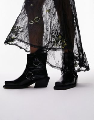 Черные кожаные байкерские ботинки премиум-класса в стиле вестерн Topshop Roxy под кожу крокодила TOPSHOP