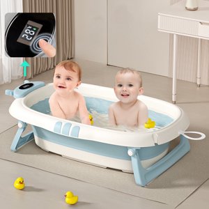 MONEHANE Collapsible Baby Bathtub for Infants to Toddler with Real-time Temp Monitor, Portable Travel Foldable Baby Bath Tub Set Applicable 0-36 Month,Blue MONEHANE