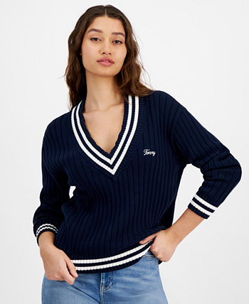 Женский хлопковый свитер в рубчик с v-образным вырезом и надписью-логотипом Tommy Jeans