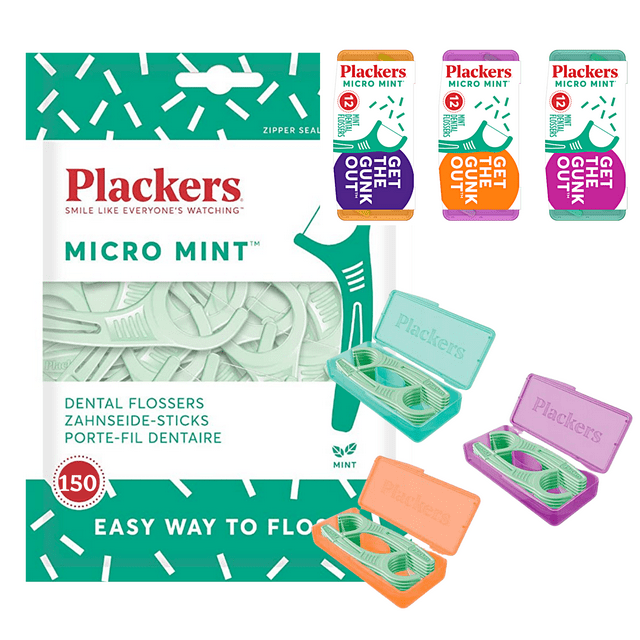 Plackers Micro Mint Dental Floss Picks, 150 Count (1 Bag with Travel Case) Plackers