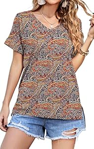 Neineiwu Women's Summer Short Sleeve V-Neck Shirts Casual Tee T-Shirt Side Split Loose Tops Neineiwu