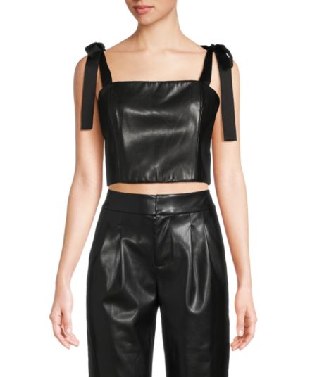 Cassidy Smocked Solid Faux Leather Top Alice + Olivia