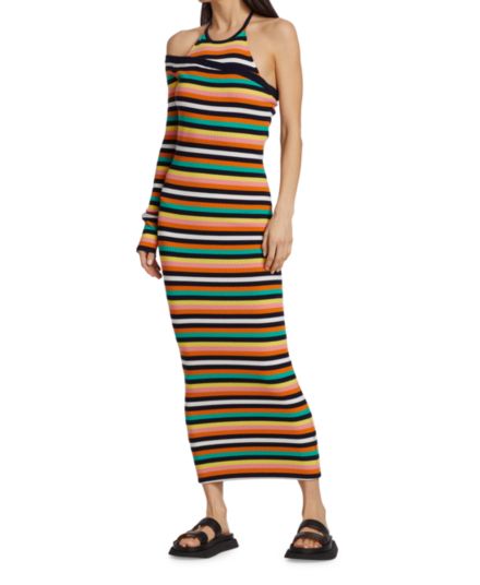 Striped One Sleeve Halter Midi Dress MONSE