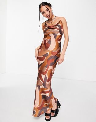 Peppermayo exclusive satin cowl front maxi dress in brown swirl print Peppermayo
