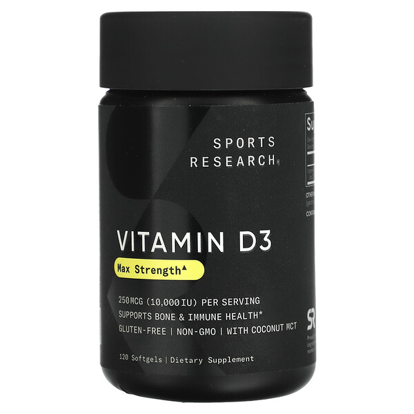 Витамин D3 с кокосовым маслом, 250 мкг (10 000 МЕ), 120 мягких капсул Sports Research