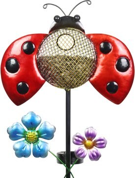 Exhart Solar Hand Painted Ladybug Metal Mesh Pellet Bird Feeder Garden Stake Exhart