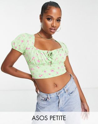 ASOS DESIGN Petite short sleeve backless crop top in stretch satin in teal