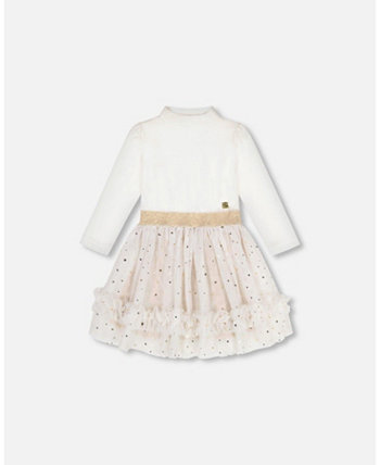 Платье из двух материалов с воротником-стойкой для девочек и блестящей тюлевой юбкой кремового цвета - для детей Deux par Deux