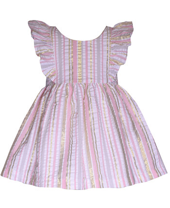 Baby Girls Sleeveless Seersucker Pinafore Dress with Lurex Stripes and Matching Diaper Cover Bonnie Baby