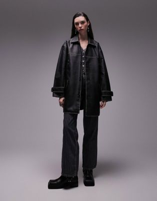 Черное пальто средней длины из искусственной кожи Topshop TOPSHOP