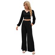 Women 2 Piece Lounge Set Ribbed Knit Long Sleeve Crop Top Wide Leg Palazzo Pants Outfits Kojooin