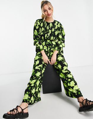 ASOS DESIGN shirred smock jumpsuit in neon green floral ASOS Studio Happy