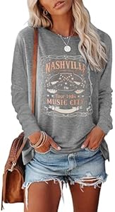 Women Nashville Shirts Vintage Rock Country Music T Shirt Long Sleeve Vacation Loose Fitting Tops MZEAZRK