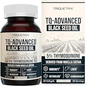 Black Seed Oil Capsules | 5% Thymoquinone - TQ-Advanced® | Maximum Strength - 500 mg of Oil per Capsule - 15:1 Oil Concentrate from Nigella Sativa, Raw Form, Vegan, Glass Bottle (60 Capsules) Triquetra Health