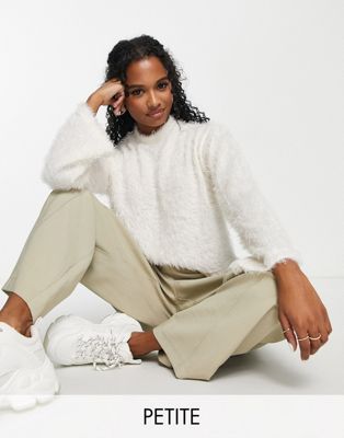Pieces Petite exclusive high neck fluffy sweater in white Pieces Petite
