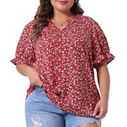 Plus Size Summer Tops for Women Floral V Neck Ruffle Puffy Short Sleeve Casual Blouse Grace & Grandeur