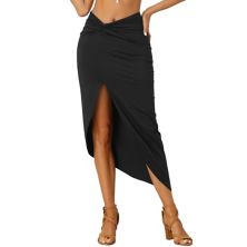Slit Front Skirts For Women's Irregular Ruched Elastic High Waist Solid Midi Skirt ALLEGRA K