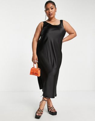 Черное атласное платье-комбинация миди с круглым вырезом ASOS DESIGN Curve ASOS Curve