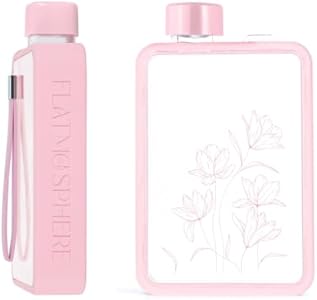 FLATMOSPHERE - 13OZ Flat Water Bottle - BPA free - Leak proof – Elegant slim portable Unique Flowers Design Fits in any handbag Notebook water bottle for sports GYM outdoor travel camping (PINK) Generic