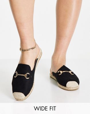 London Rebel wide fit espadrille mules with snaffle trim in black London Rebel Wide Fit