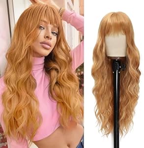 Vomella Burgundy Wig With Bangs Long Red Wigs for Women 26 Inch Curly Wavy Hair Natural Looking Synthetic Heat Resistant Wig for Girls Halloween Party Use Vomella