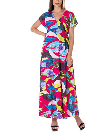 Print V Neck Empire Waist Kimono Cap Sleeve Maxi Dress 24Seven Comfort
