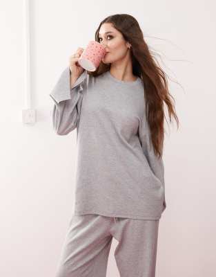 Monki mix and match long sleeve soft oversized top pajama top in gray melange Monki