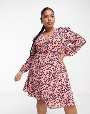 Розовое мини-платье с длинными рукавами и v-образным вырезом Glamorous Curve GLAMOROUS