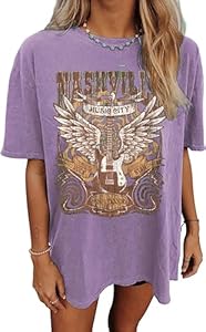 Oversized Rock Band T-Shirt Women Country Music Shirt Tops Nashville Music City Tshirt Vintage Guitar Wings Graphic Tees MHTOR