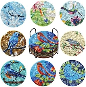 8 Pcs Diamond Painting Coasters DIY Coasters with Holder 4 Inch Coasters for Drinks Diamond Art Supplies Painting Kit for Beginners Adults Craft(Hummingbird Style) Tessco