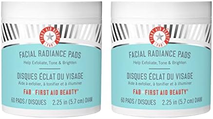 First Aid Beauty - Facial Radiance Pads with Glycolic & Lactic Acids, Daily Exfoliating Pads with AHA that Help Tone & Brighten Skin, Makeup Prep Pads, Compostable for Daily Use, 60 Pads, 2ct First Aid Beauty