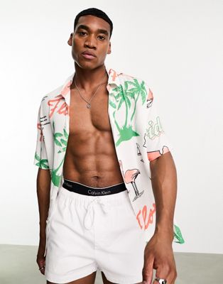 Мужская Вискозная Рубашка с Тропическим Принтом Bershka Bershka