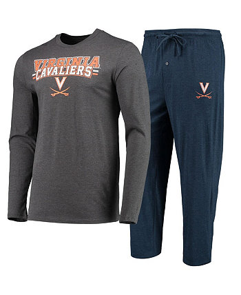 Мужской комплект для сна с футболкой с длинными рукавами и брюками Virginia Cavaliers темно-синего цвета с меланжевым углем и потертостями Concepts Sport