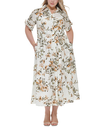 Платье-рубашка больших размеров из хлопка с завязками на талии и принтом Calvin Klein