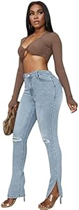 WDIRARA Women's Slit Hem High Waist Button Denim Zipper Fly Ripped Skinny Jeans Wdirara