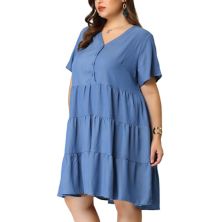 Women's Plus Size Denim Tiered Babydoll Short Sleeve Chambray Midi Dress Agnes Orinda