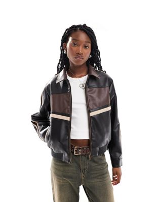 ONLY retro faux leather racer bomber jacket in brown   ONLY