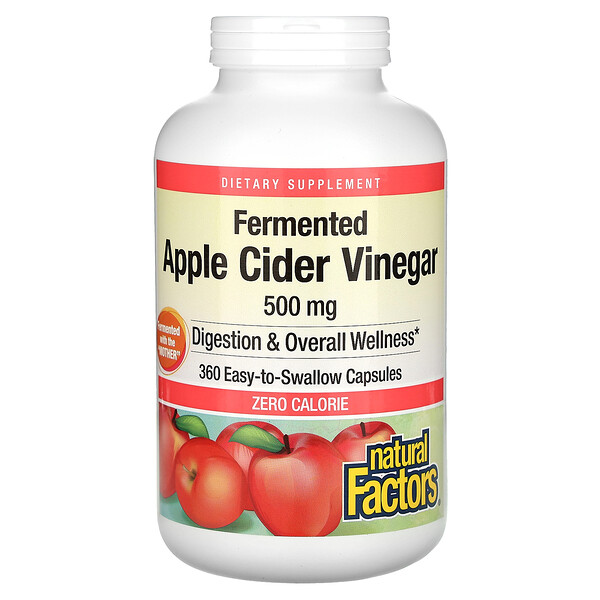 Ферментированный яблочный уксус - 500 мг - 360 легко глотаемых капсул - Natural Factors Natural Factors