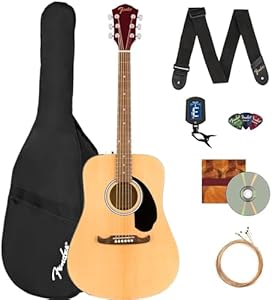 Fender FA-125 Dreadnought Acoustic Guitar - Black Bundle with Gig Bag, Tuner, Strap, Strings, Picks, and Austin Bazaar Instructional DVD Fender