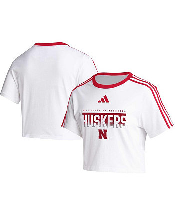 Женская белая укороченная футболка с тремя полосками Nebraska Huskers Adidas