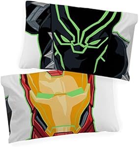 Jay Franco Marvel Avengers Night Life Glow in The Dark 2 Pack Reversible Pillowcases Features Black Panther & Iron Man - Double-Sided Kids Super Soft Bedding Jay Franco