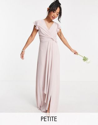 TFNC Petite bridesmaid flutter sleeve ruffle detail maxi dress in mink TFNC Petite