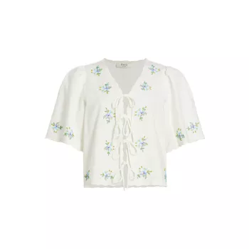 Tania Floral Beaded Tie-Front Top Sea