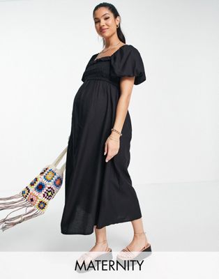 Черное присборенное платье миди с пышными рукавами New Look Maternity New Look Maternity